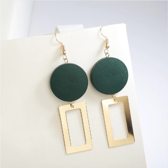 NEW "Theory" Wooden Geometric Earrings (Green) - Picture 2 of 5